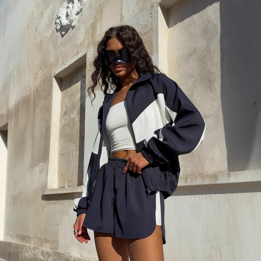Fashionable Loose-fit Color-block Long-sleeve Top And Shorts Set