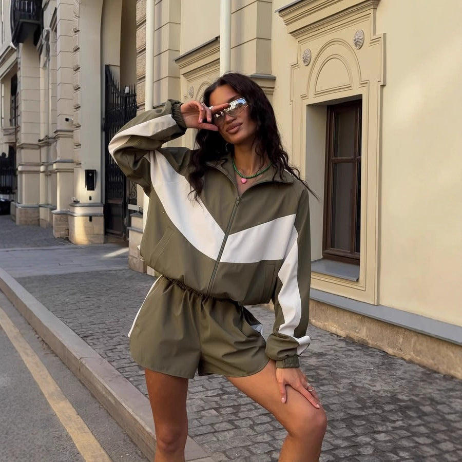 Fashionable Loose-fit Color-block Long-sleeve Top And Shorts Set