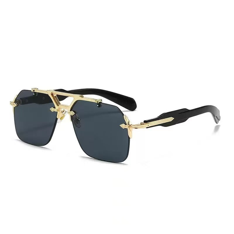 Trendy Double-Bridge Frameless Metal Oversized Sunglasses
