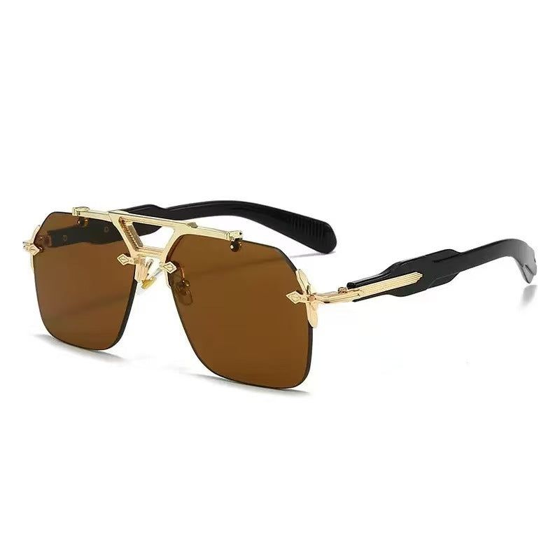Trendy Double-Bridge Frameless Metal Oversized Sunglasses