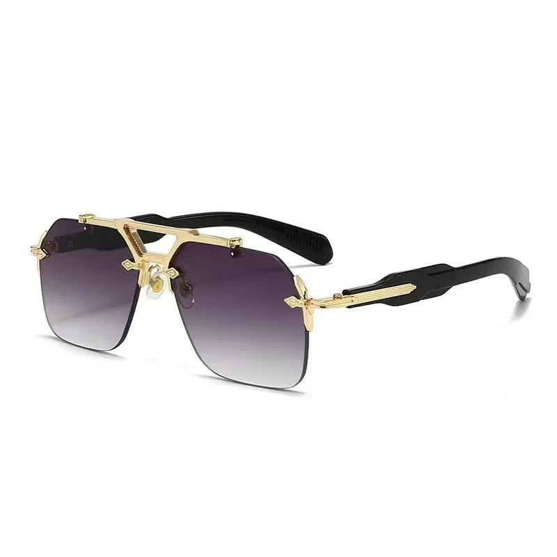 Trendy Double-Bridge Frameless Metal Oversized Sunglasses