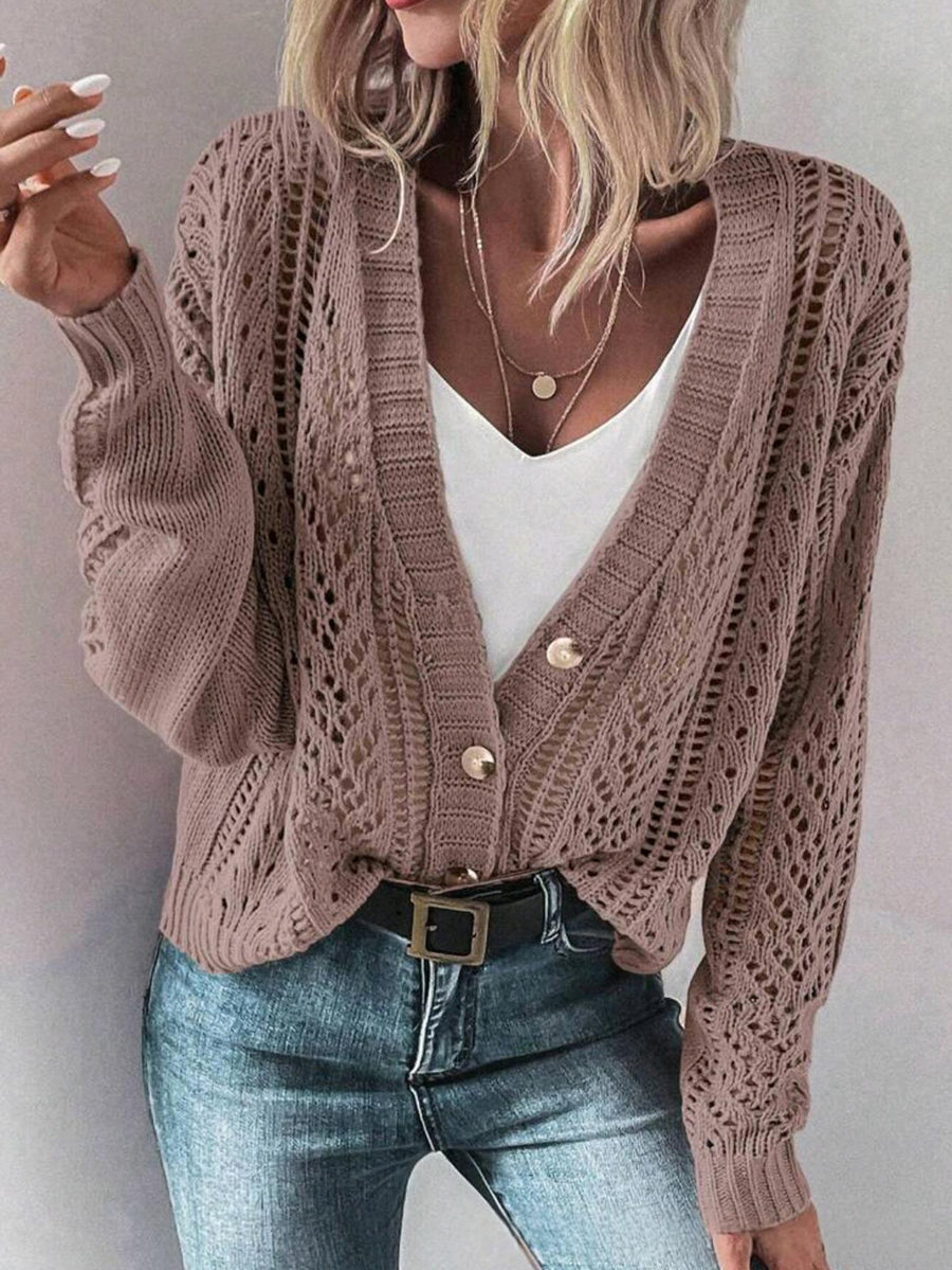 Womens Loose-fitting Hollow-out Cardigan with Long Sleeves