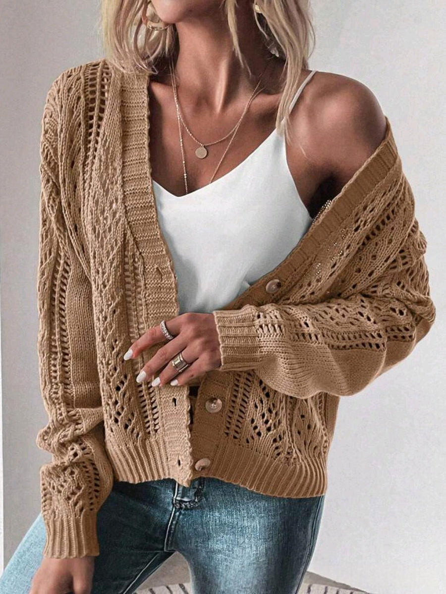 Womens Loose-fitting Hollow-out Cardigan with Long Sleeves