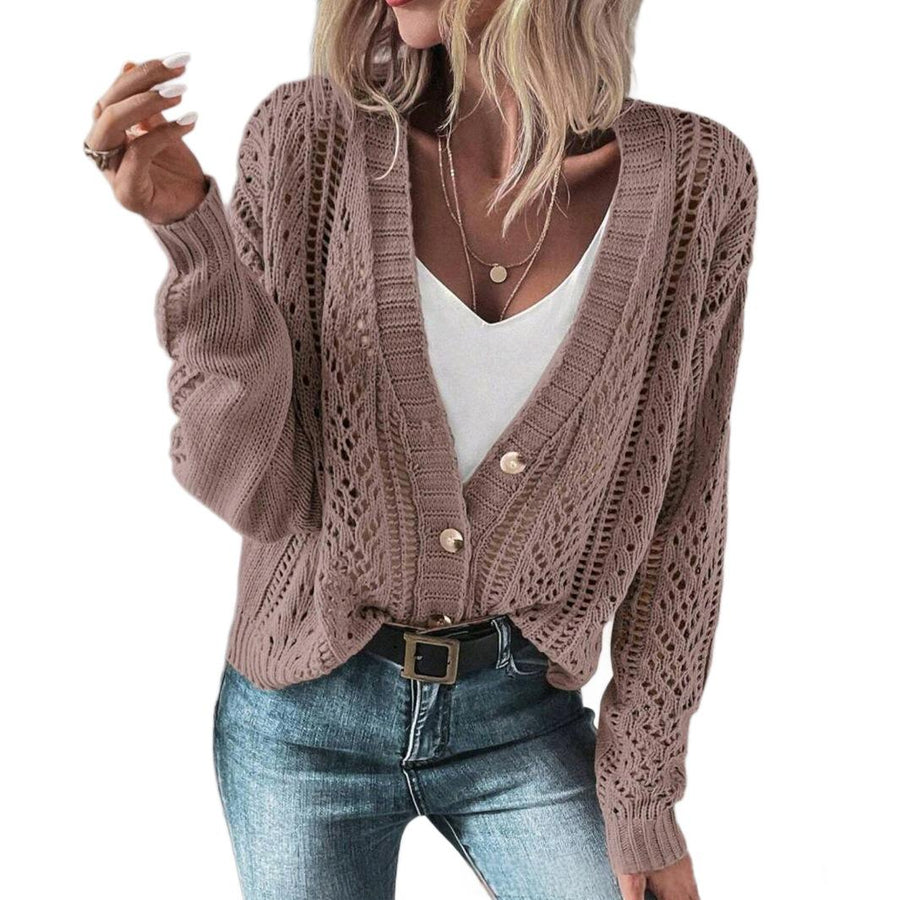Womens Loose-fitting Hollow-out Cardigan with Long Sleeves