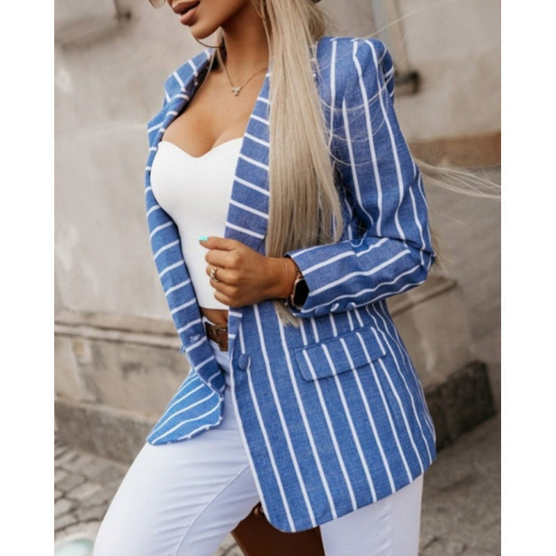 Fashionable Long-sleeve Striped Womens Blazer with Suit Collar