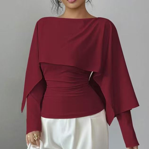Short Top With Shawl-Style Round-Neck Cape Design