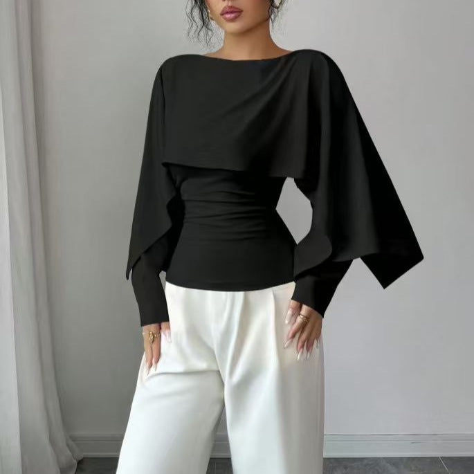 Short Top With Shawl-Style Round-Neck Cape Design