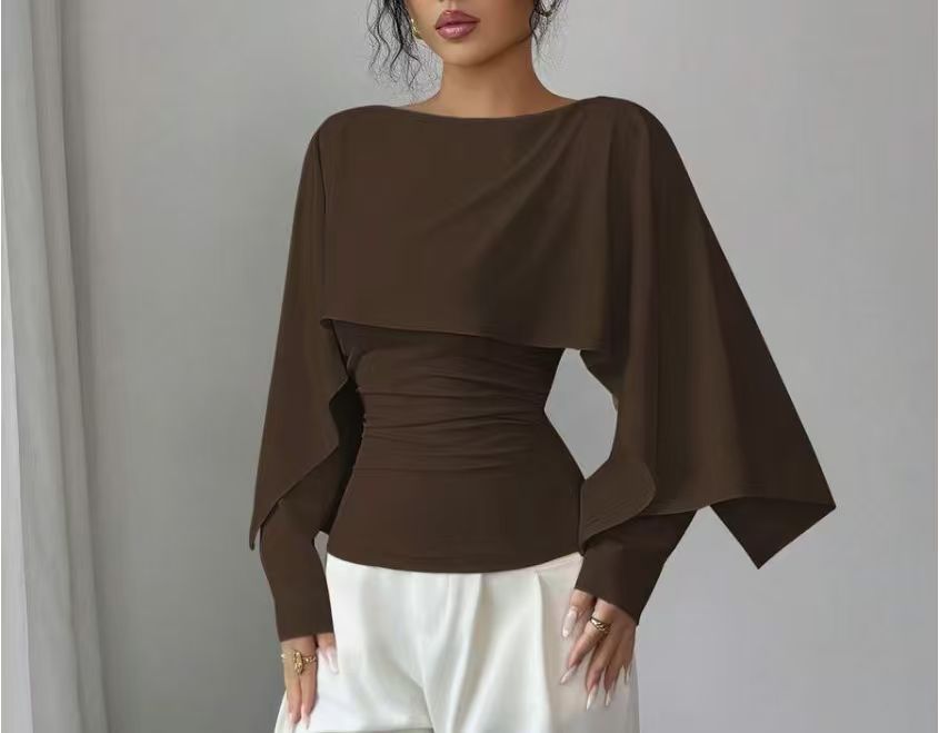 Short Top With Shawl-Style Round-Neck Cape Design