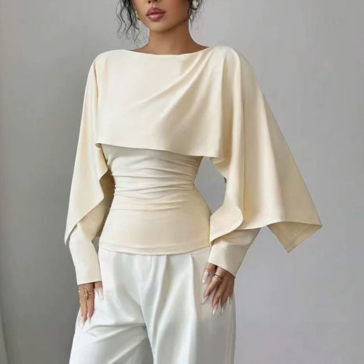 Short Top With Shawl-Style Round-Neck Cape Design