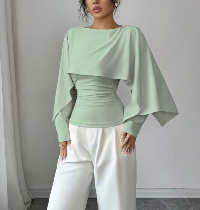 Short Top With Shawl-Style Round-Neck Cape Design