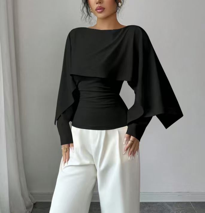 Short Top With Shawl-Style Round-Neck Cape Design