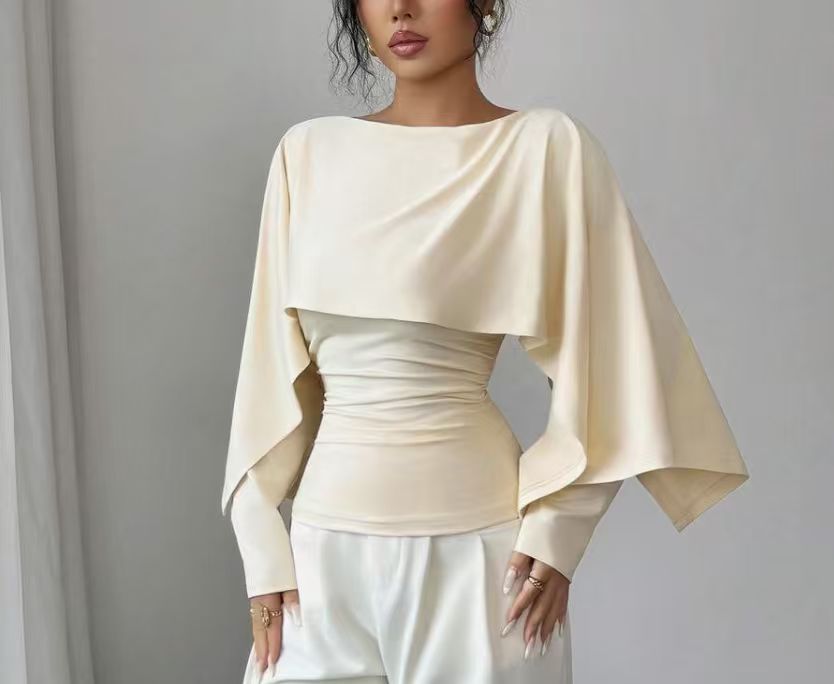 Short Top With Shawl-Style Round-Neck Cape Design