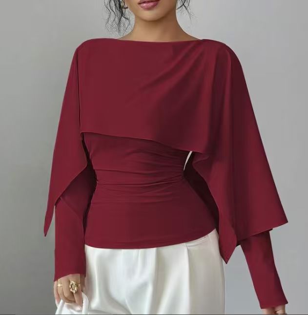 Short Top With Shawl-Style Round-Neck Cape Design