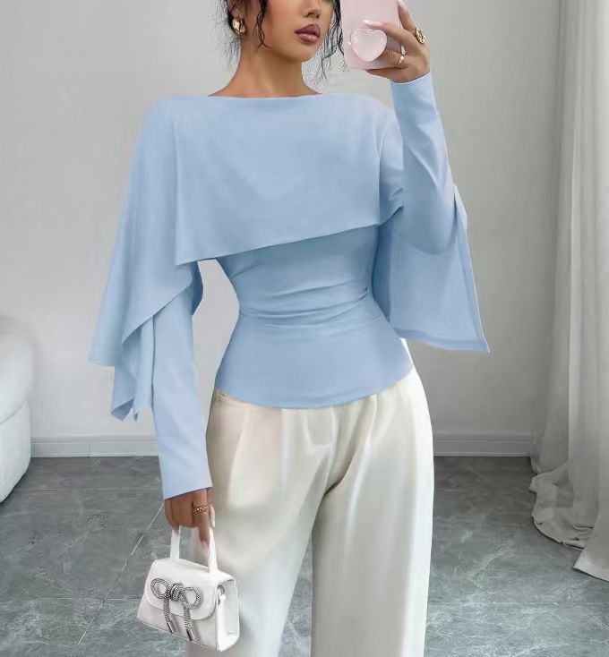 Short Top With Shawl-Style Round-Neck Cape Design