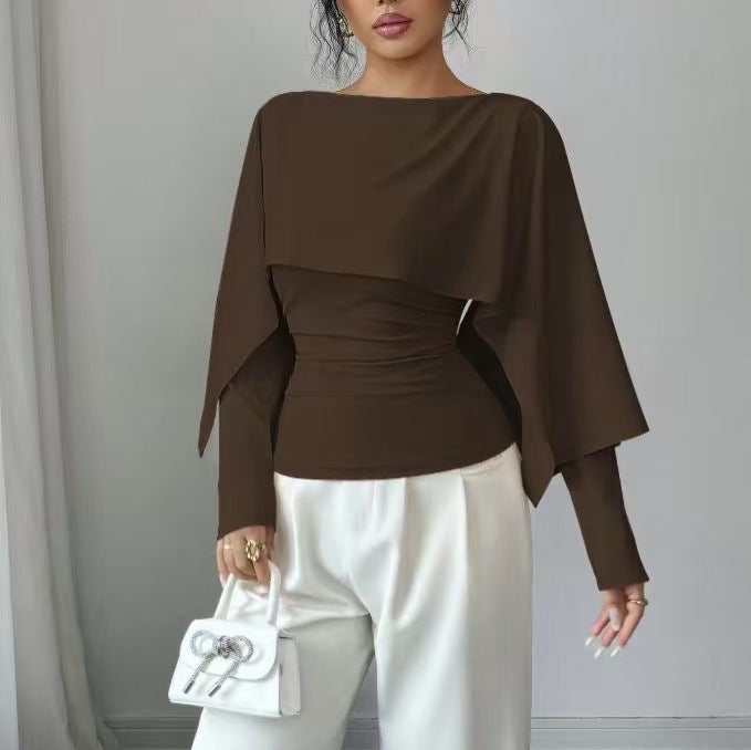 Short Top With Shawl-Style Round-Neck Cape Design