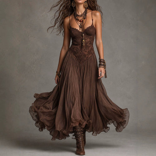 Retro Flowing Strap Slim-fit Dress - Elegant Summer Midi Gown