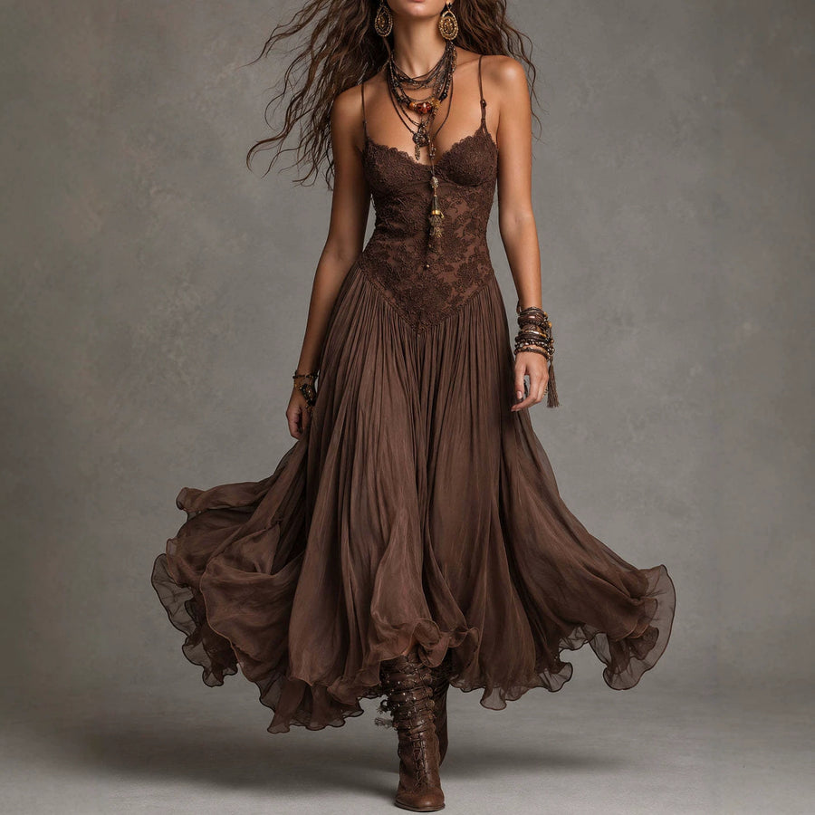 Retro Flowing Strap Slim-fit Dress - Elegant Summer Midi Gown