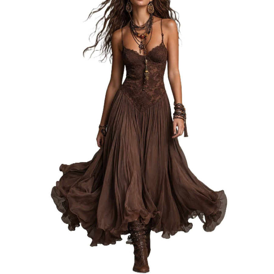Retro Flowing Strap Slim-fit Dress - Elegant Summer Midi Gown