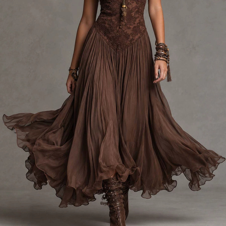 Retro Flowing Strap Slim-fit Dress - Elegant Summer Midi Gown