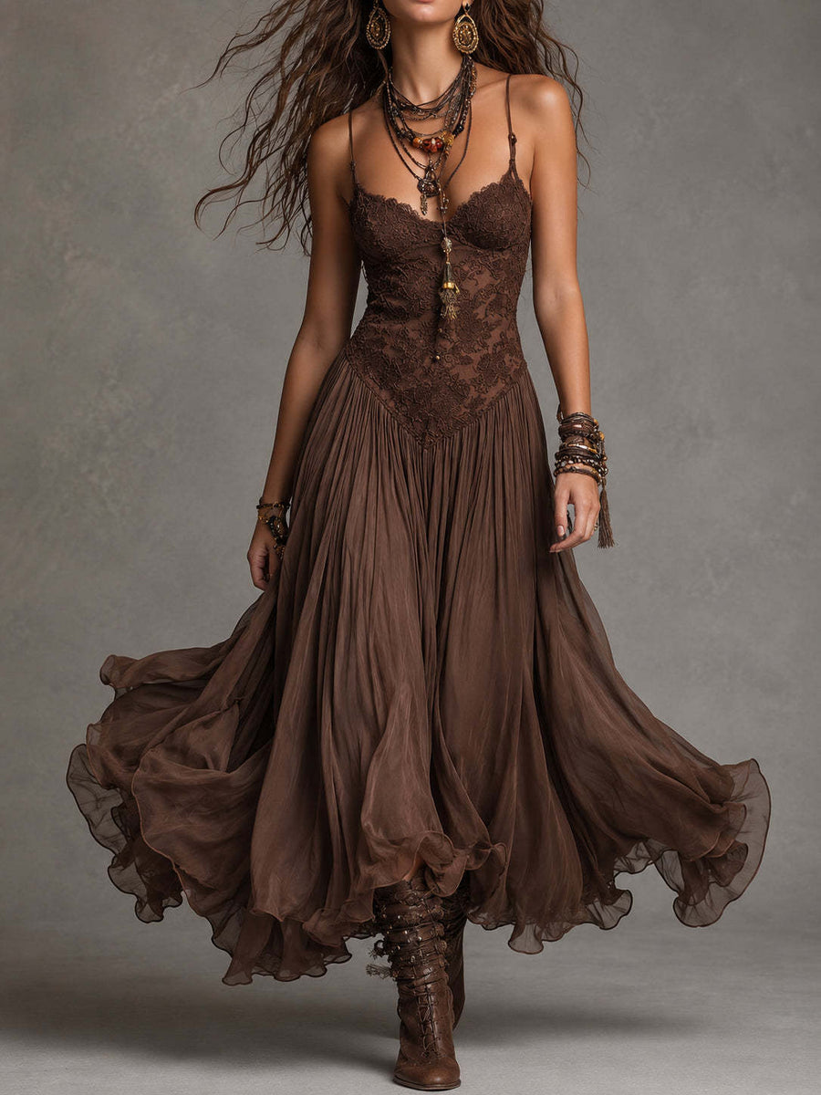 Retro Flowing Strap Slim-fit Dress - Elegant Summer Midi Gown
