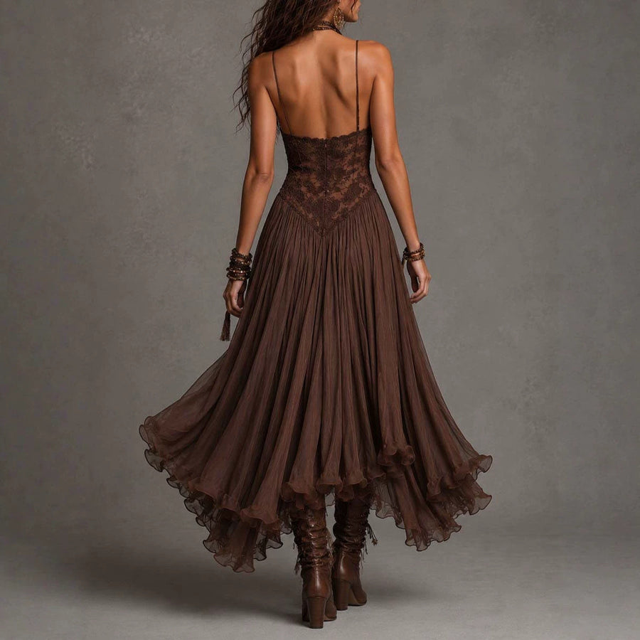 Retro Flowing Strap Slim-fit Dress - Elegant Summer Midi Gown