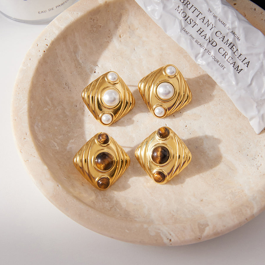 Titanium Steel Tigers Eye Stud Earrings - Fashion Jewelry
