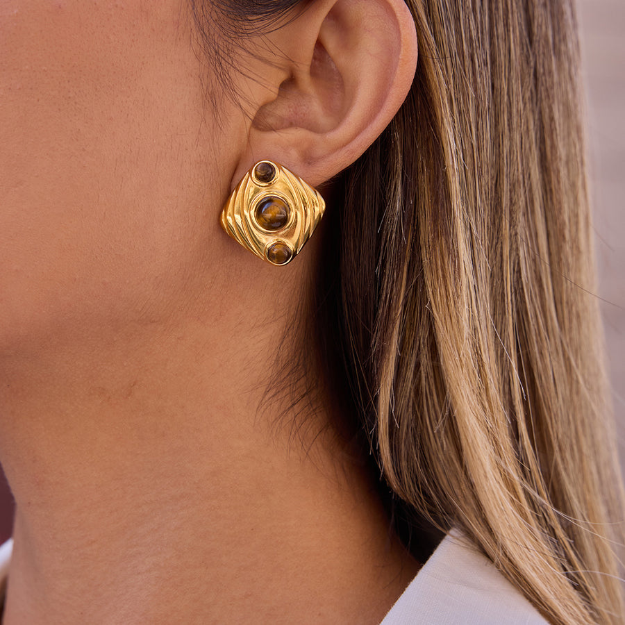 Titanium Steel Tigers Eye Stud Earrings - Fashion Jewelry
