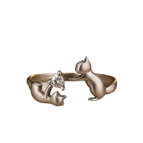 Double Cat Playing With Ring Necklace for Women