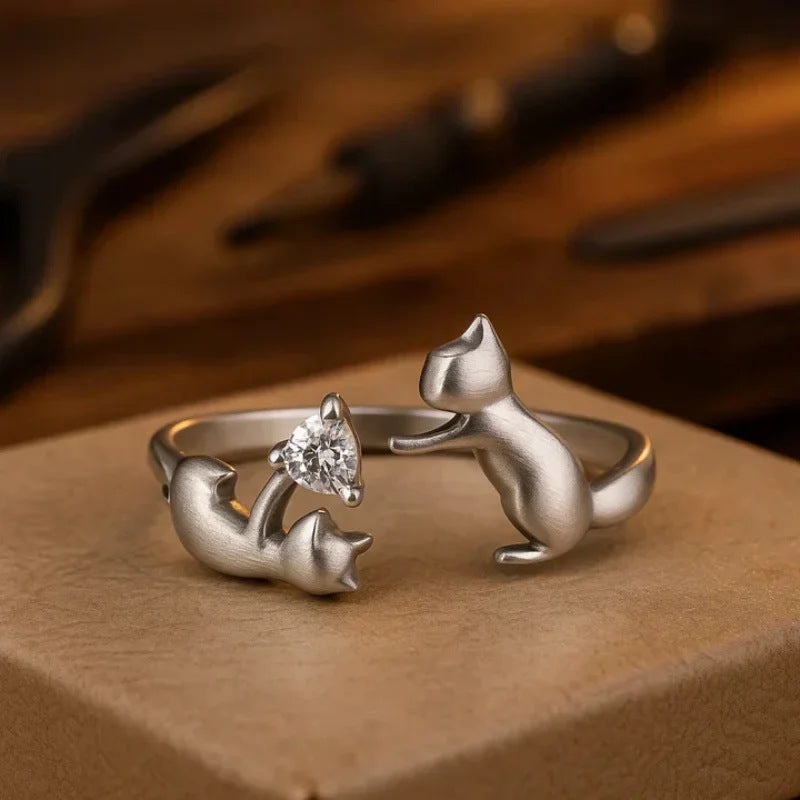 Double Cat Playing With Ring Necklace for Women