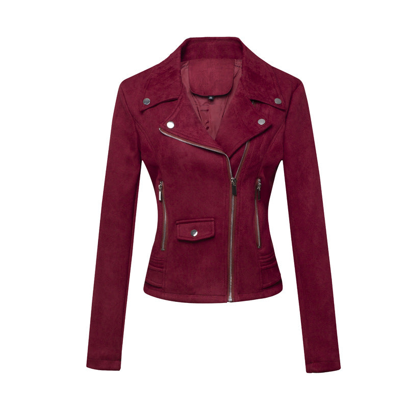 Womens Leather Jacket Short Style Slim-Fit Suede Velvet