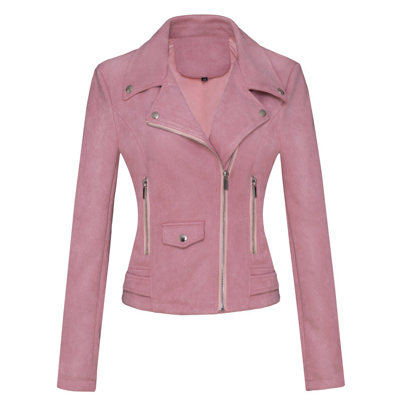 Womens Leather Jacket Short Style Slim-Fit Suede Velvet