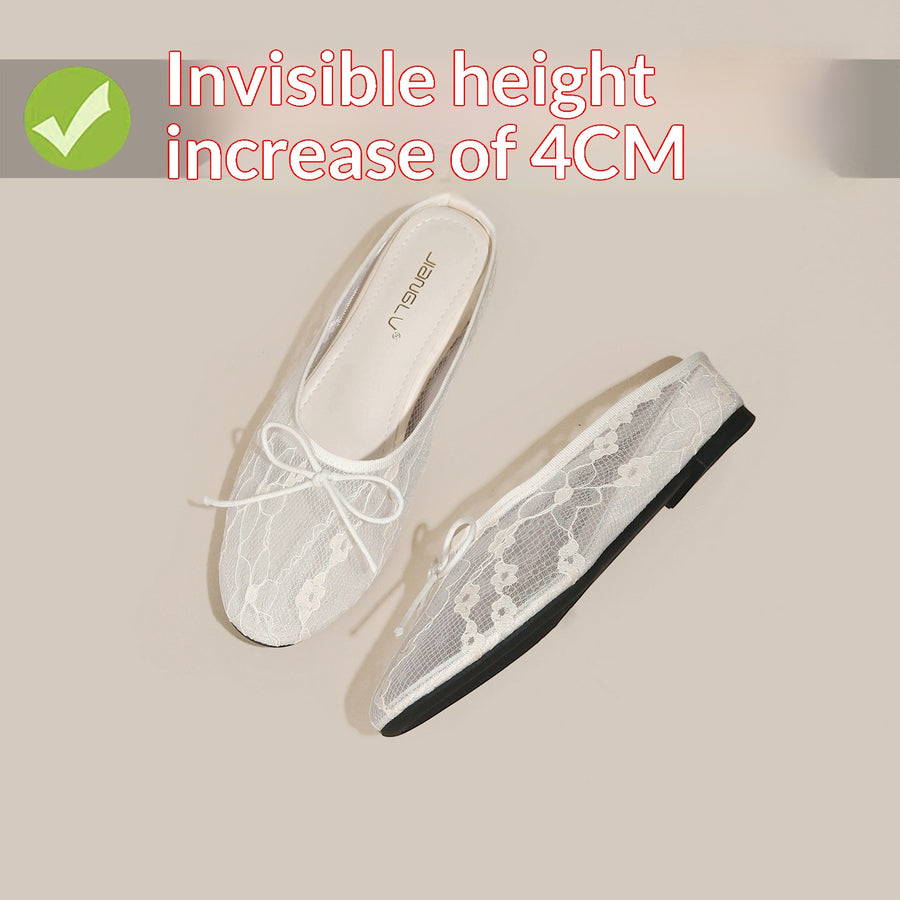 4cm Hidden-Heel Bow-Knot Lace Fishnet Slippers for Women