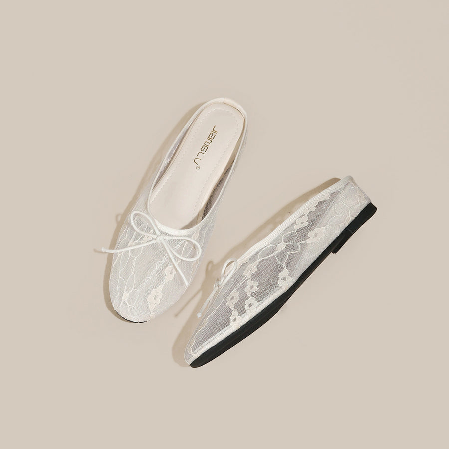 4cm Hidden-Heel Bow-Knot Lace Fishnet Slippers for Women
