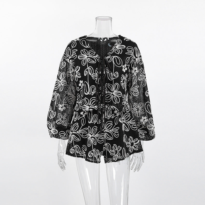Jacquard Macaron-colored V-neck Long-sleeve Set