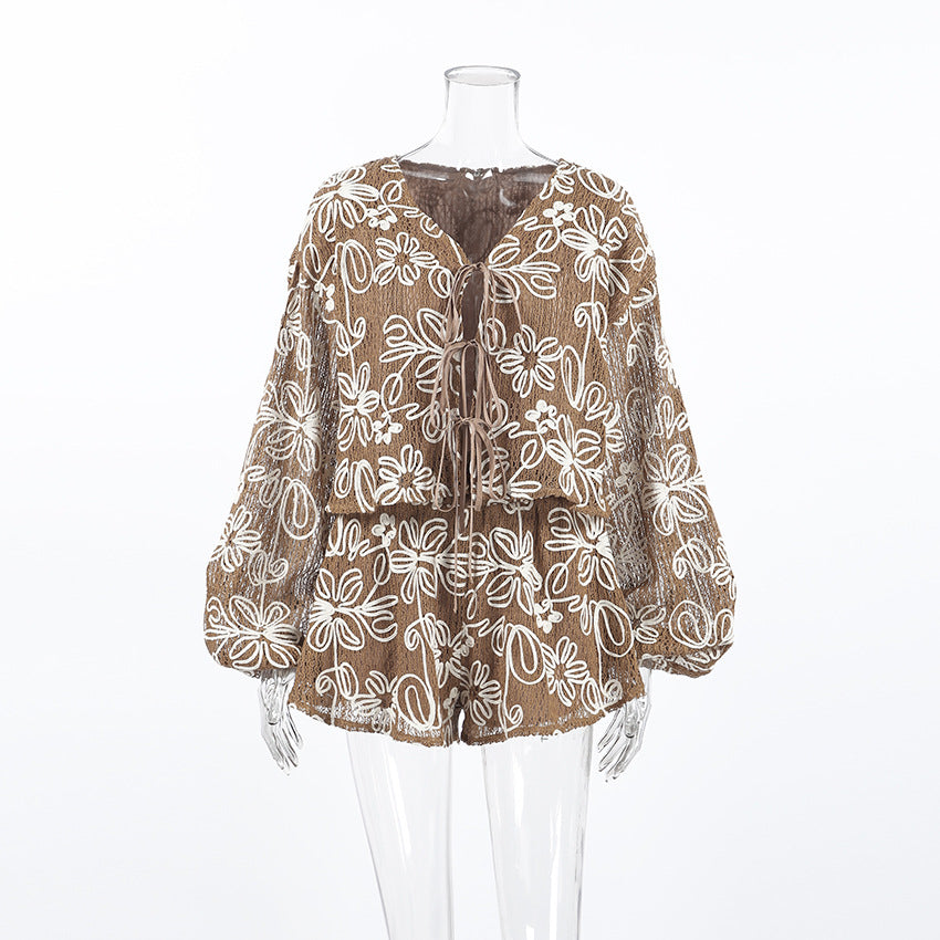 Jacquard Macaron-colored V-neck Long-sleeve Set