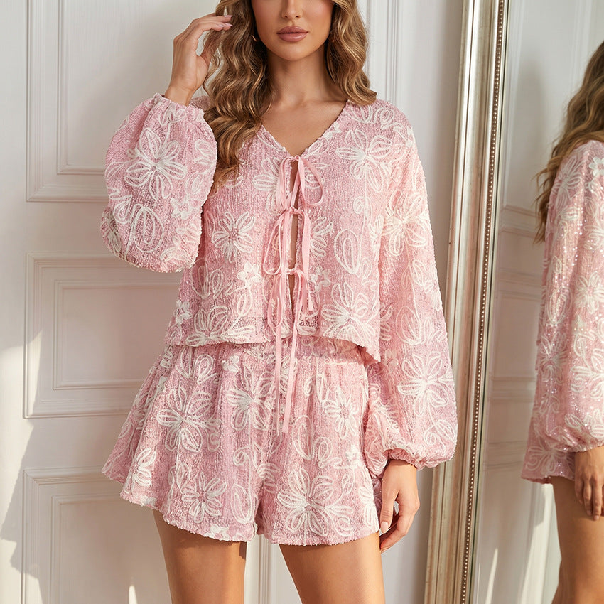 Jacquard Macaron-colored V-neck Long-sleeve Set