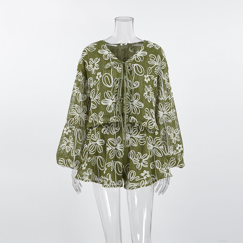 Jacquard Macaron-colored V-neck Long-sleeve Set