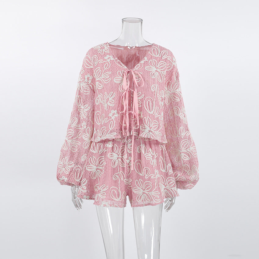 Jacquard Macaron-colored V-neck Long-sleeve Set