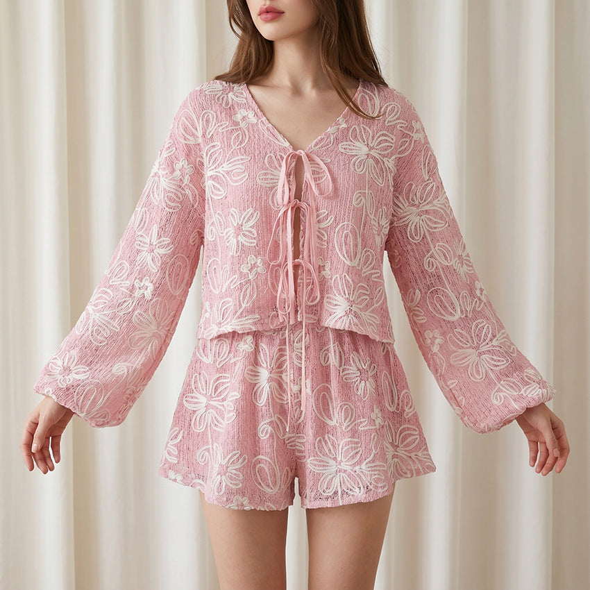 Jacquard Macaron-colored V-neck Long-sleeve Set