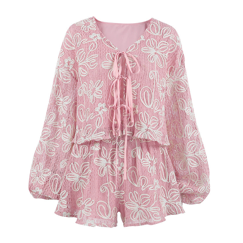 Jacquard Macaron-colored V-neck Long-sleeve Set