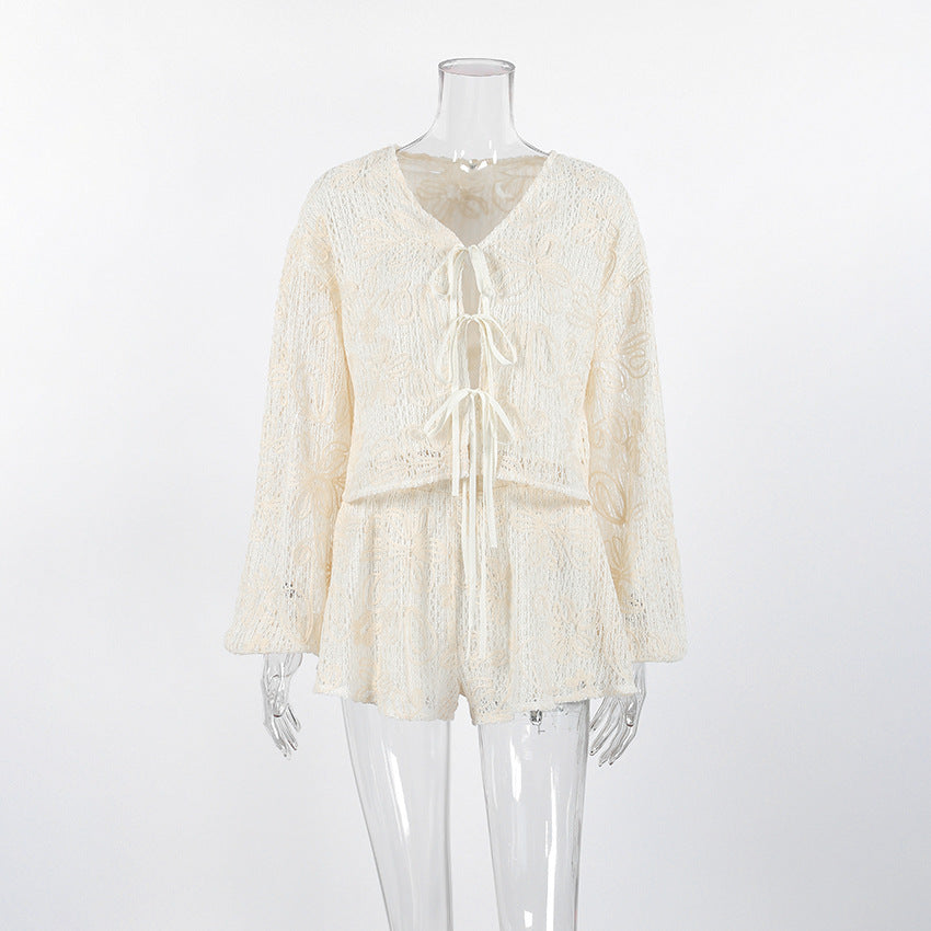Jacquard Macaron-colored V-neck Long-sleeve Set