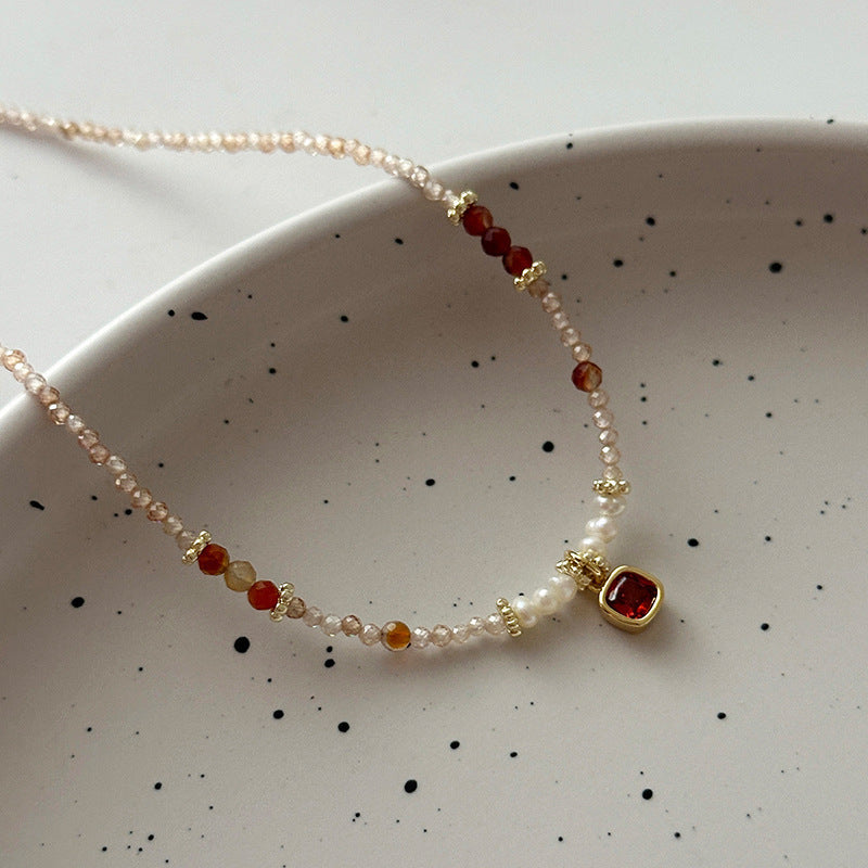 Womens Natural Pearl and Stone Beaded Necklace and Bracelet