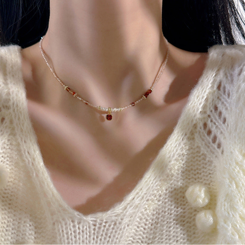 Womens Natural Pearl and Stone Beaded Necklace and Bracelet
