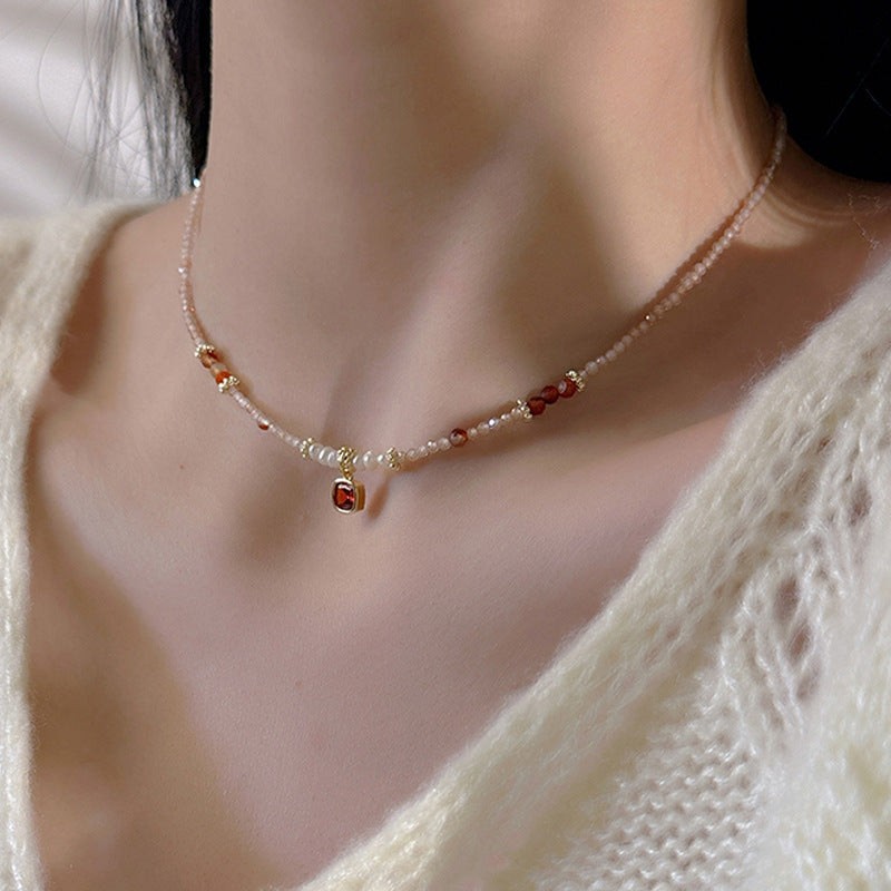 Womens Natural Pearl and Stone Beaded Necklace and Bracelet