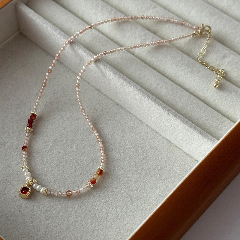 Womens Natural Pearl and Stone Beaded Necklace and Bracelet