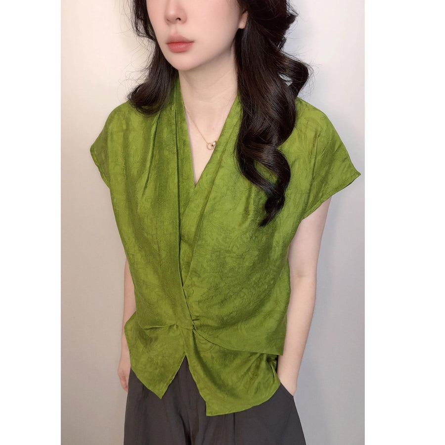 V-neck Straight-shoulder Short-sleeve Blouse for Women