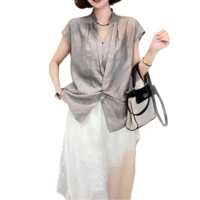 V-neck Straight-shoulder Short-sleeve Blouse for Women