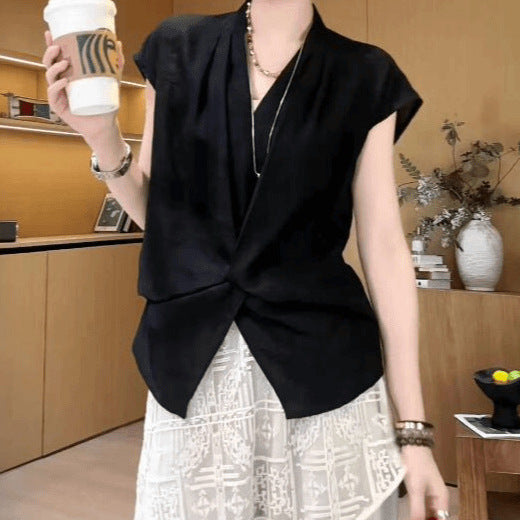 V-neck Straight-shoulder Short-sleeve Blouse for Women