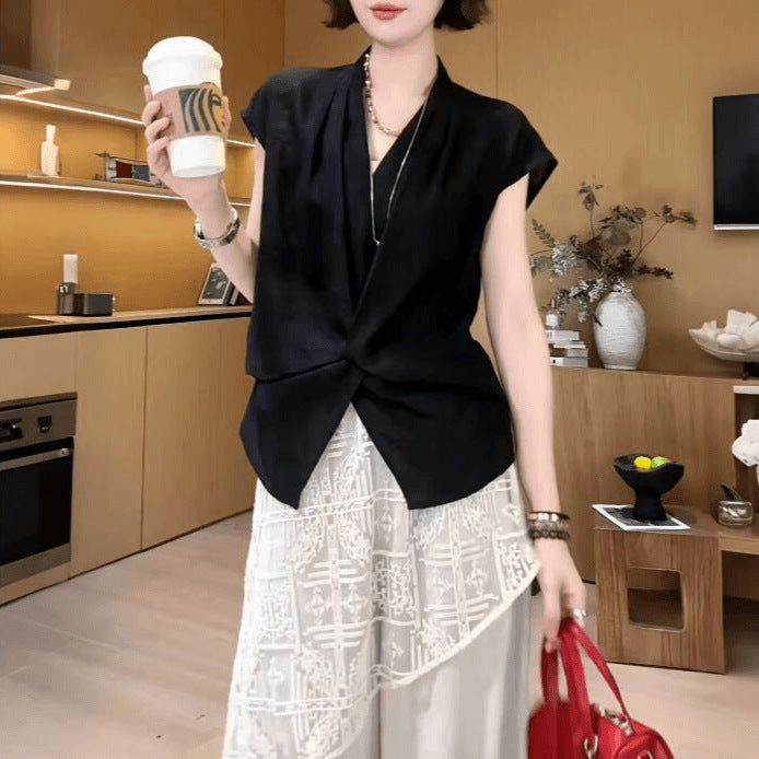 V-neck Straight-shoulder Short-sleeve Blouse for Women