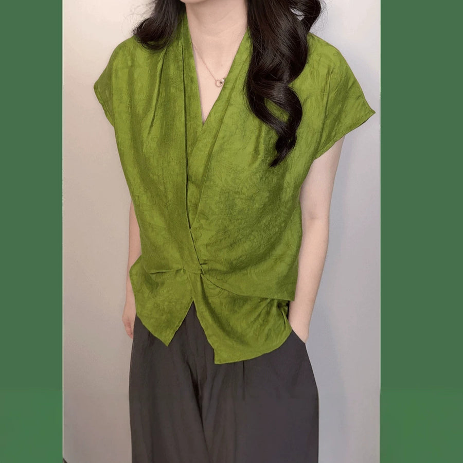 V-neck Straight-shoulder Short-sleeve Blouse for Women